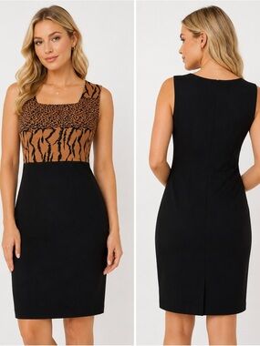 R&K Black and Brown Animal-Print Midi Sheath Dress